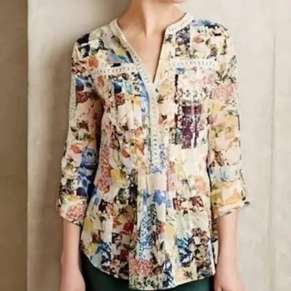 Maeve Abella Blouse Women 0 Ivory Floral Patchwork Pin Tuck Cotton Top Boho